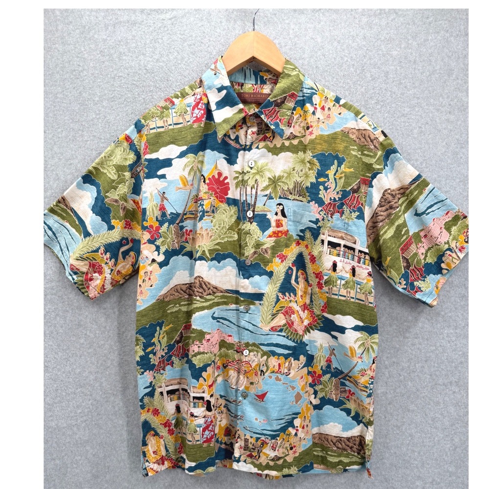 Tori Richard Hawaiian Shirt Mens Medium Multicolor Cotton Lawn Aloha Hula Beach